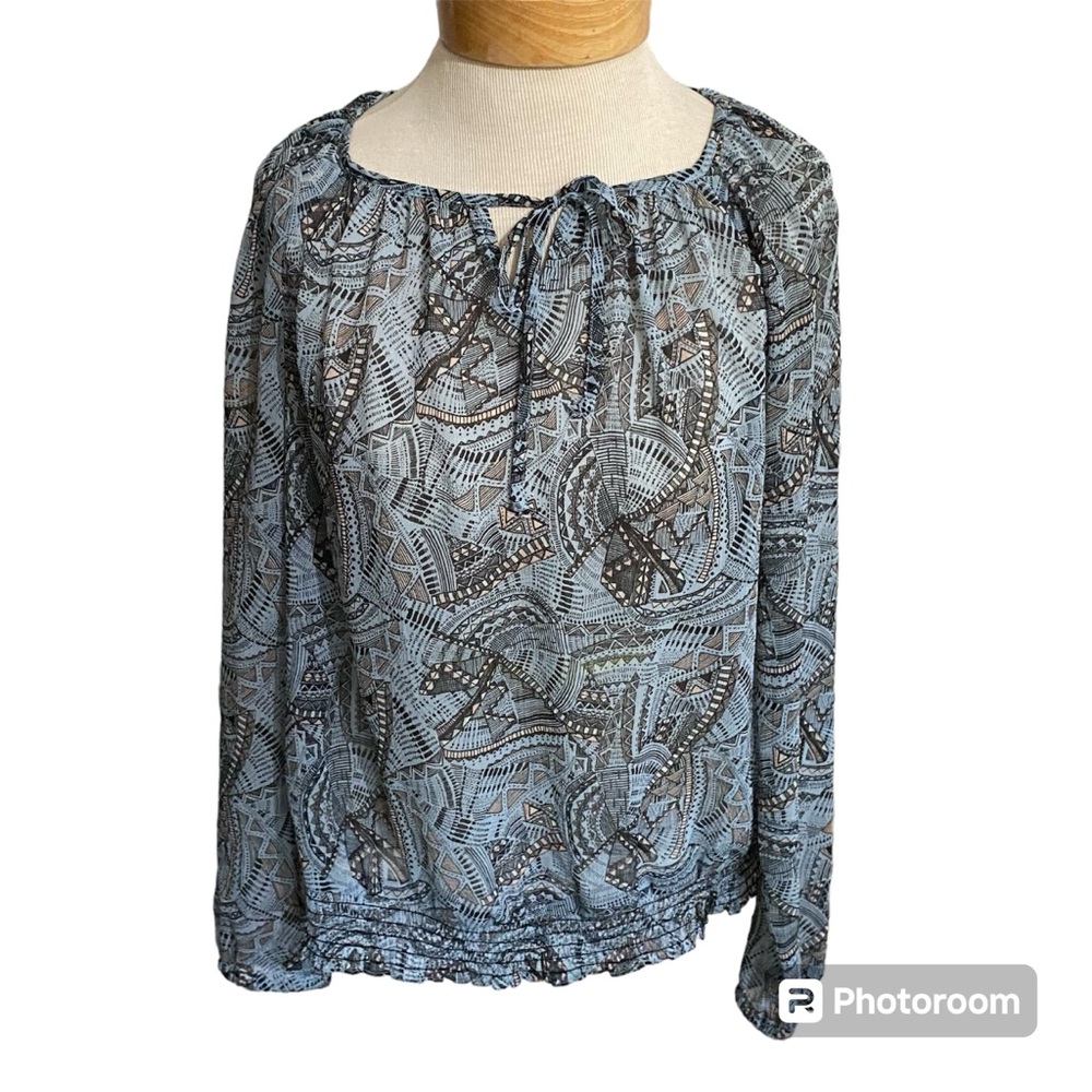 Lucky Brand Women's Small Blue Black Peach Peasant Top Tie Neckline Elastic Hem